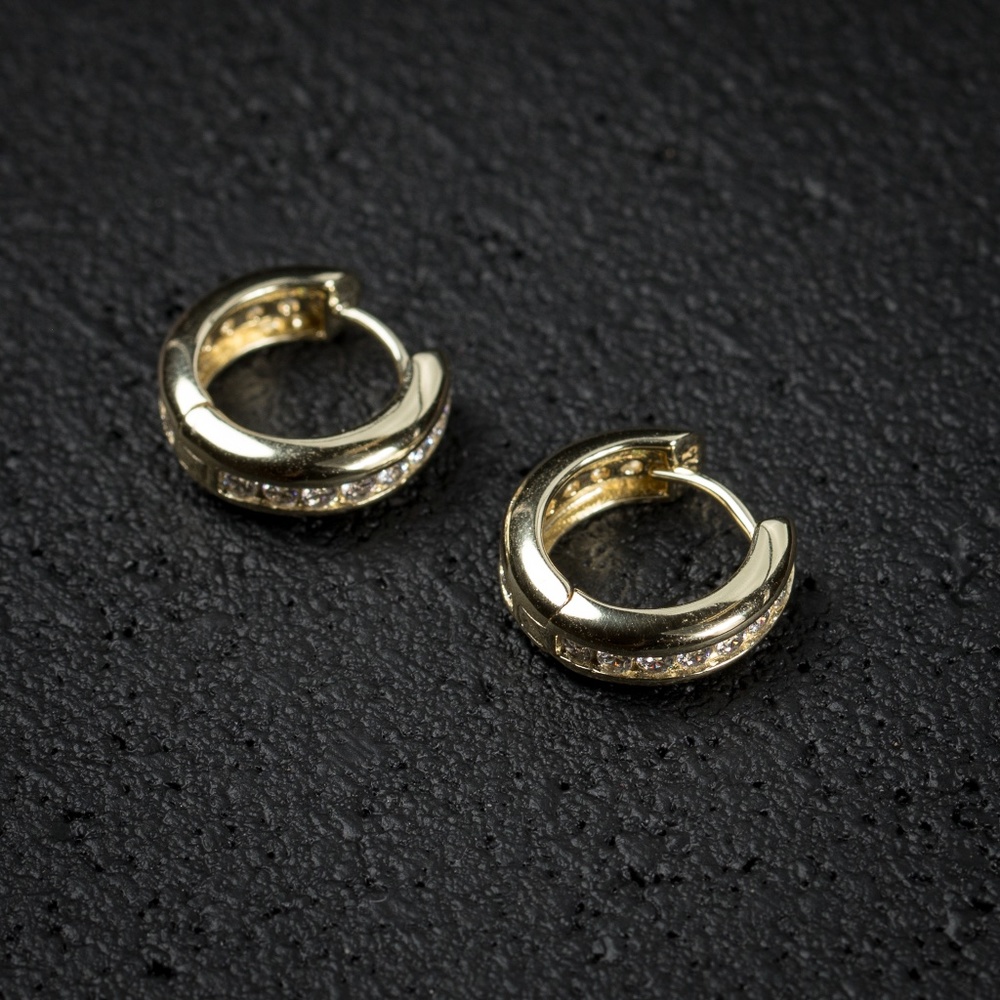 Men's Small Gold One Row Iced Cz Hoop Earrings - Picture 3 of 4